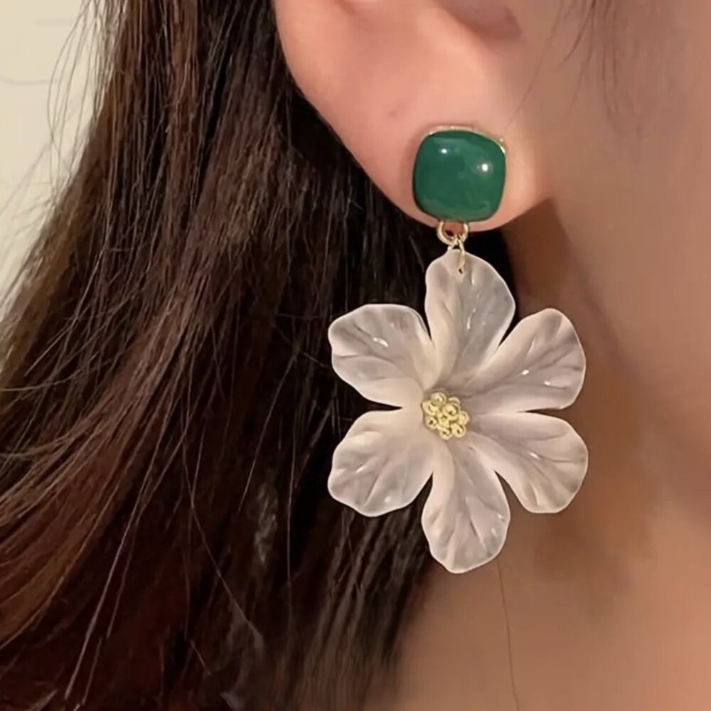 Anthropologie Green Stone and White Floral Drop Earrings